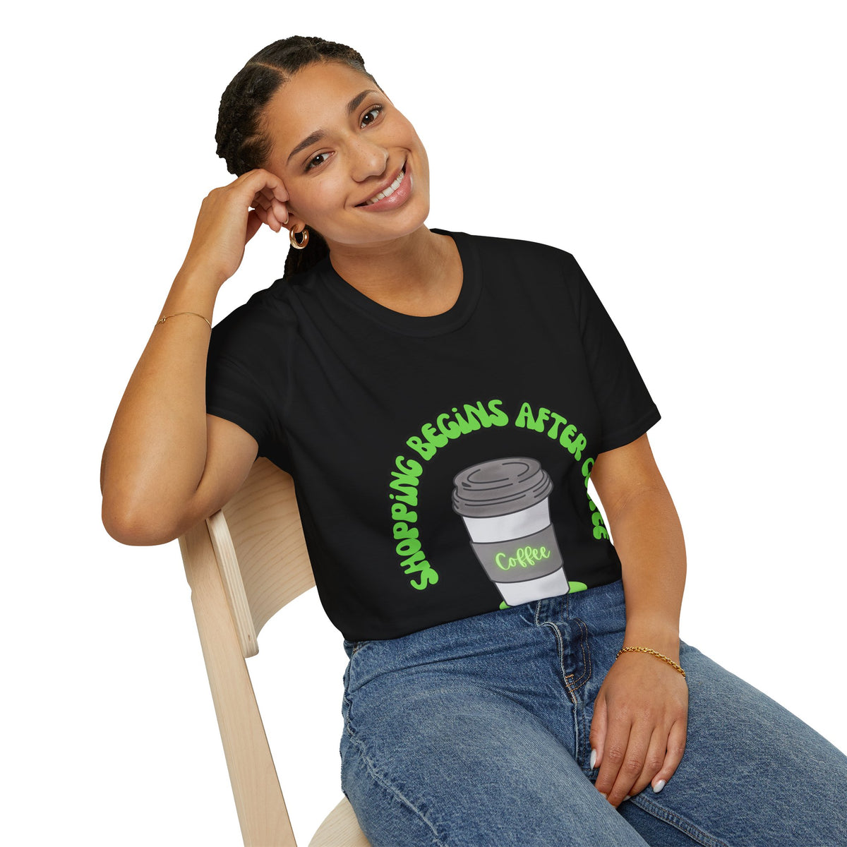 Shopping begins after coffee - Unisex Softstyle T-Shirt