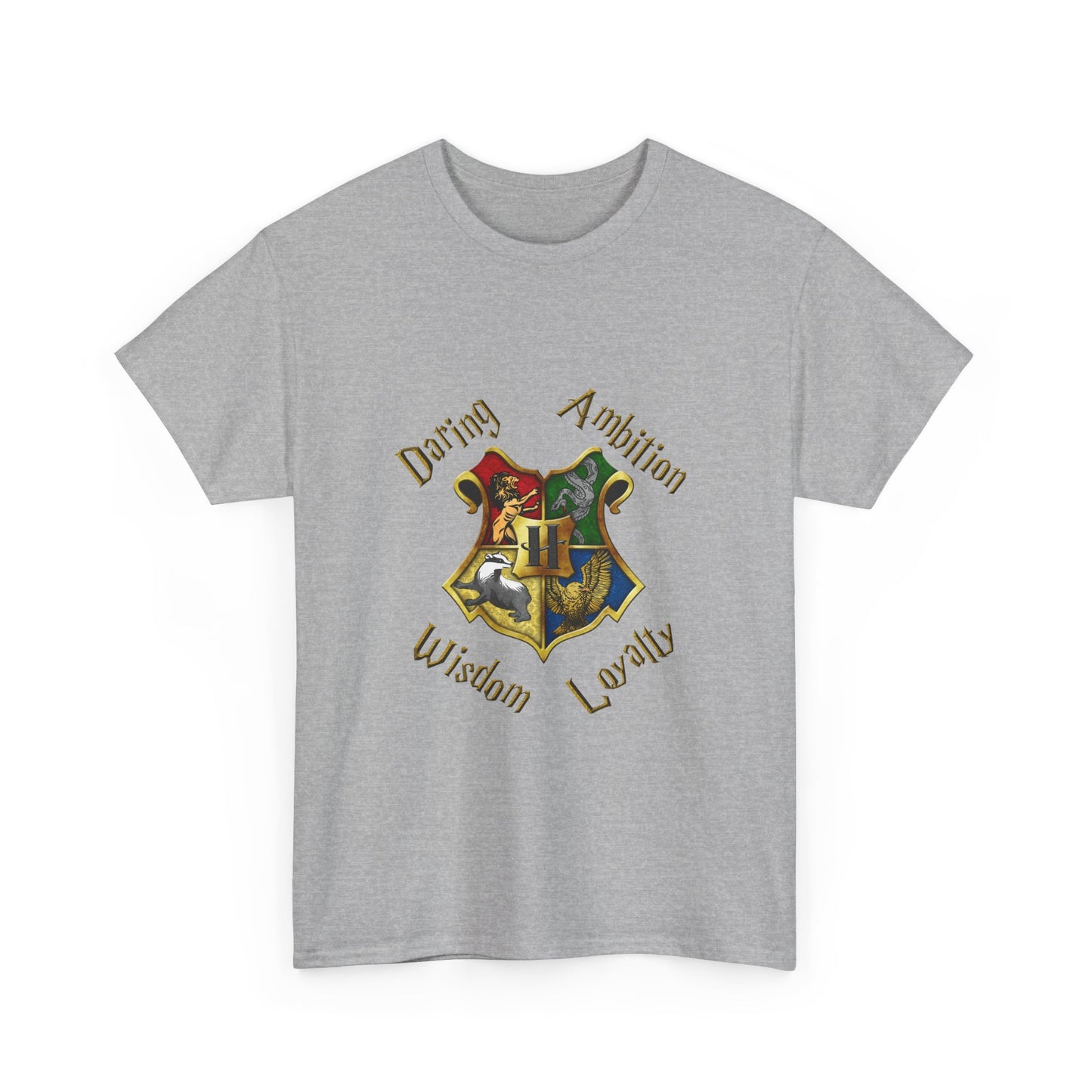 Gryffindor, Hufflepuff, Ravenclaw, and Slytherin House shield (Harry Potter) - Unisex Heavy Cotton Tee