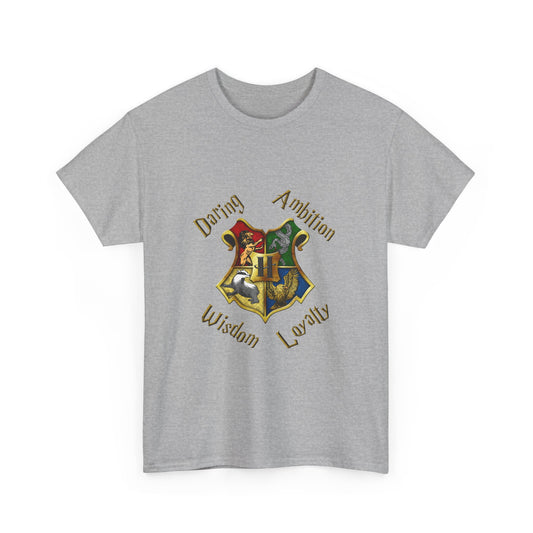 Gryffindor, Hufflepuff, Ravenclaw, and Slytherin House shield (Harry Potter) - Unisex Heavy Cotton Tee