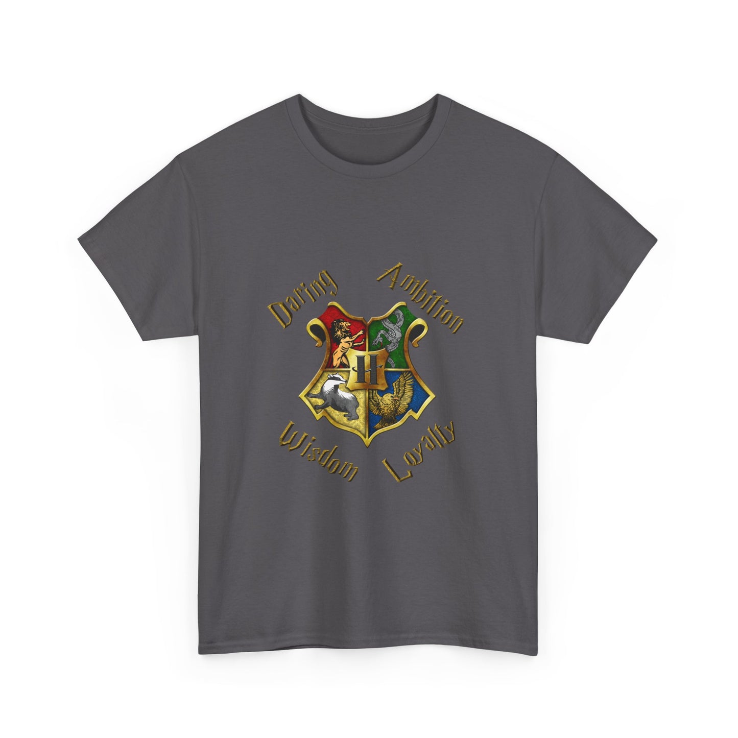 Gryffindor, Hufflepuff, Ravenclaw, and Slytherin House shield (Harry Potter) - Unisex Heavy Cotton Tee