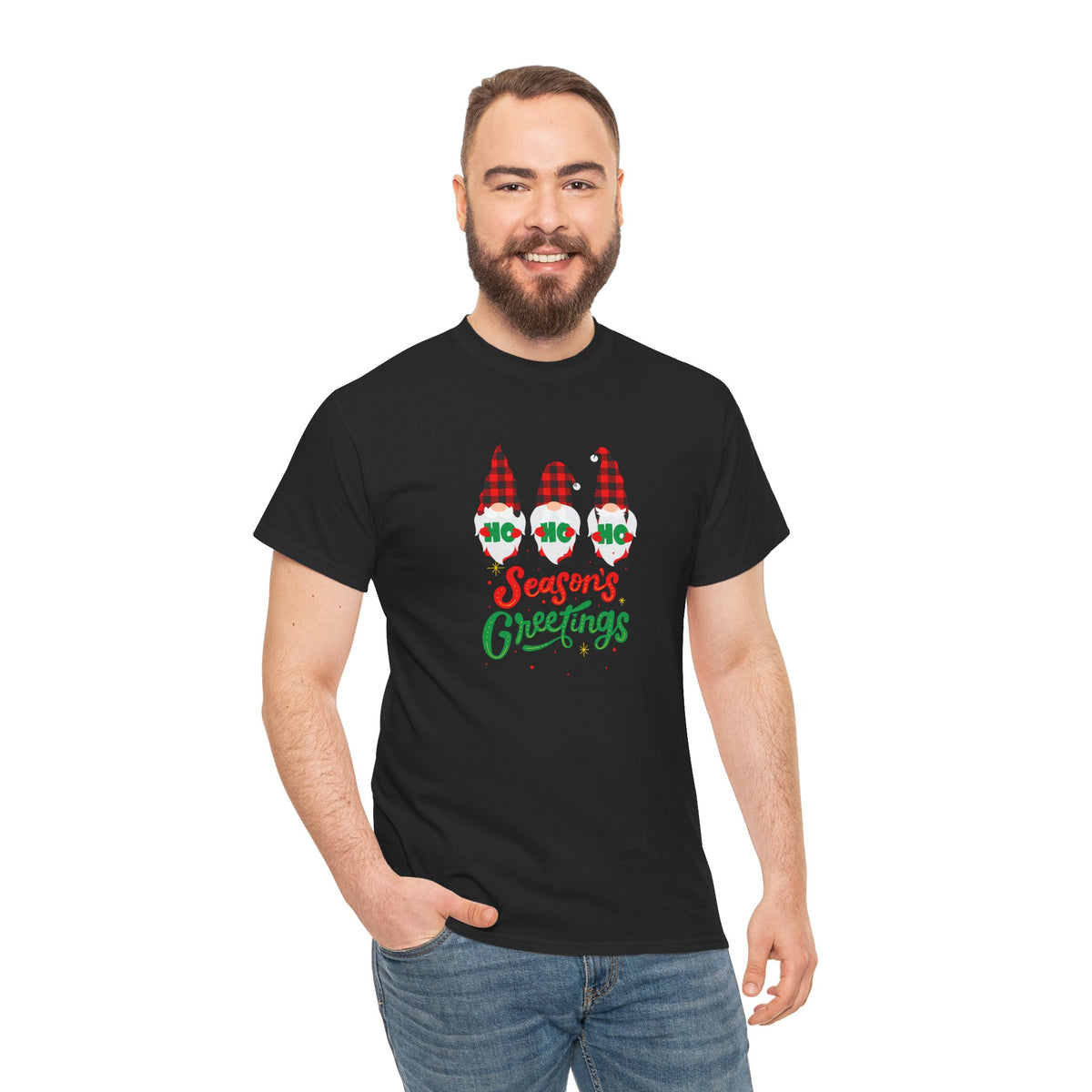 3 Gnomes Seasons Greetings Christmas - Unisex Heavy Cotton Tee