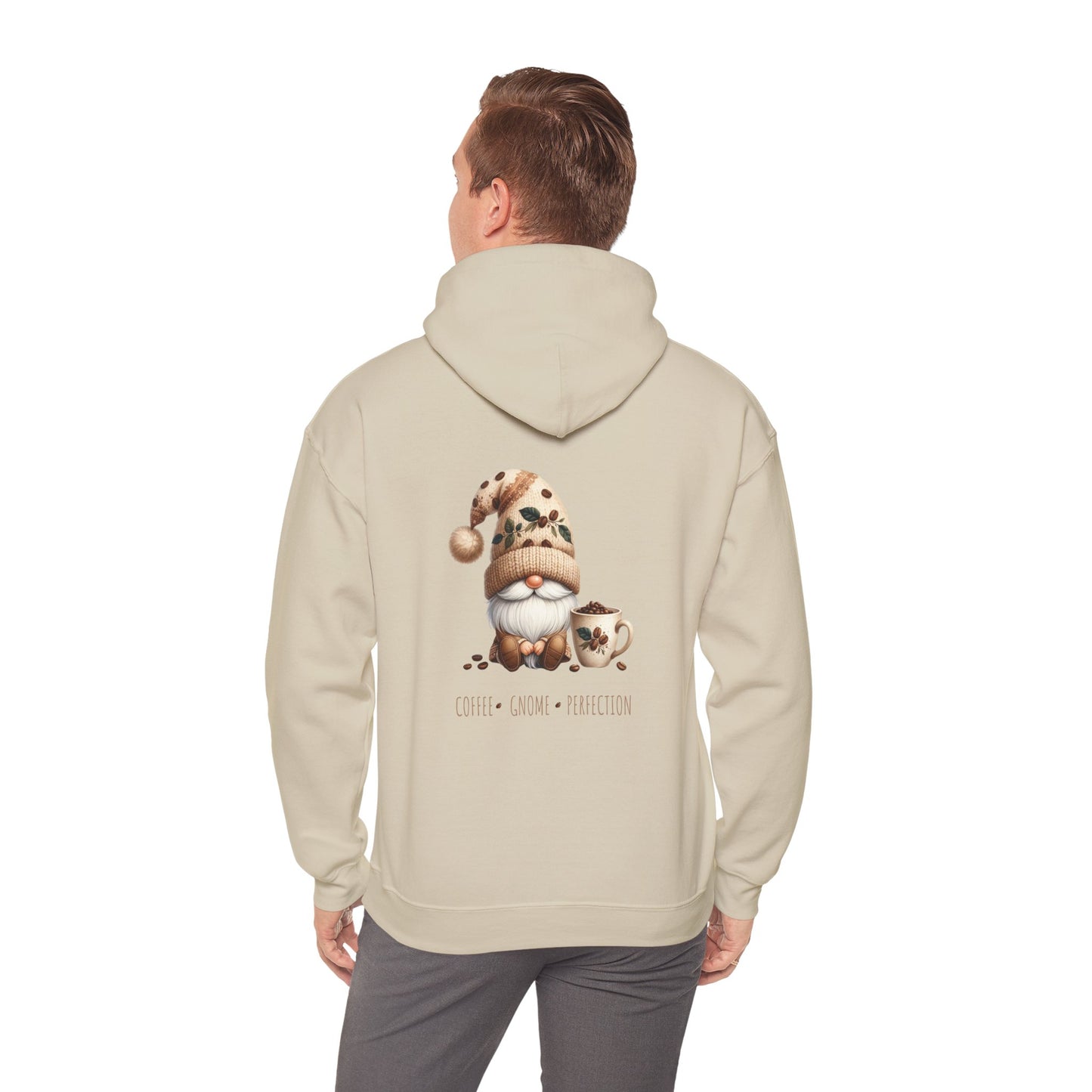 Coffee. Gnome. Perfection (printed on back) - Gnomes - Unisex Heavy Blend™ Hooded Sweatshirt