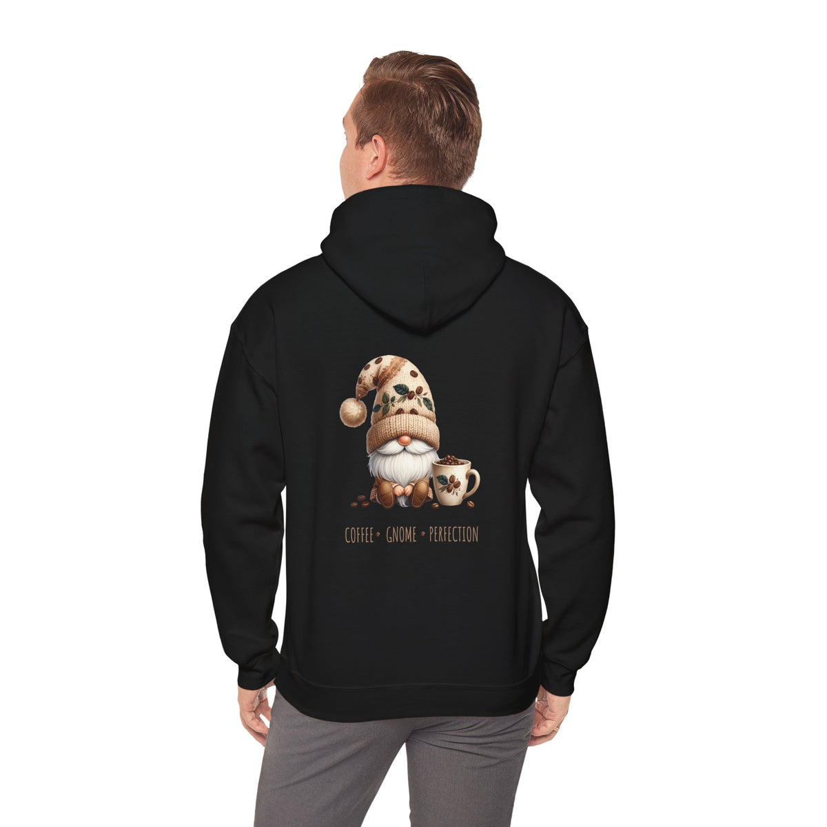 Coffee. Gnome. Perfection (printed on back) - Gnomes - Unisex Heavy Blend™ Hooded Sweatshirt