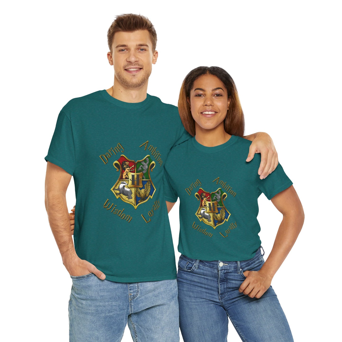 Gryffindor, Hufflepuff, Ravenclaw, and Slytherin House shield (Harry Potter) - Unisex Heavy Cotton Tee