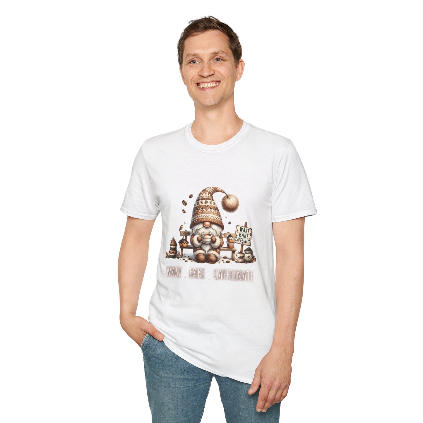 Wake Bake Caffeinate Gnome - Unisex Softstyle T-Shirt