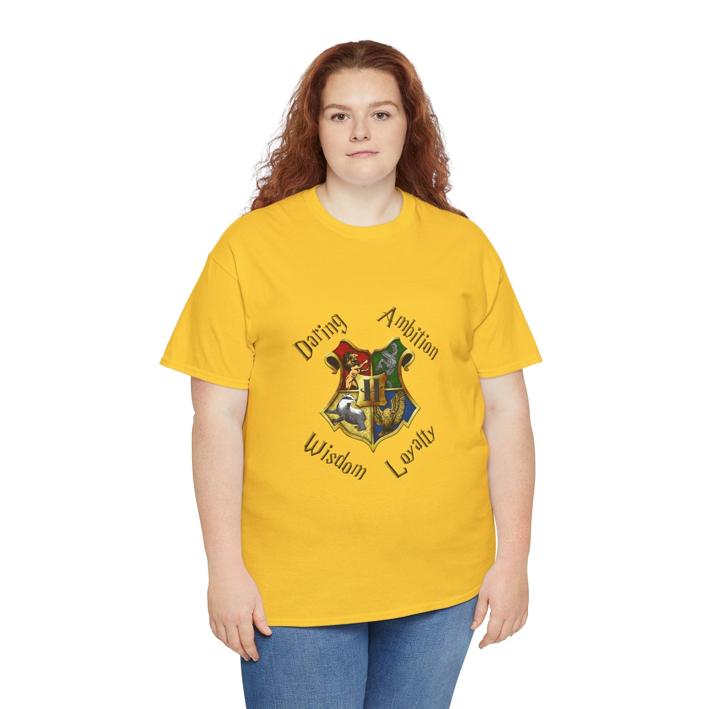 Gryffindor, Hufflepuff, Ravenclaw, and Slytherin House shield (Harry Potter) - Unisex Heavy Cotton Tee