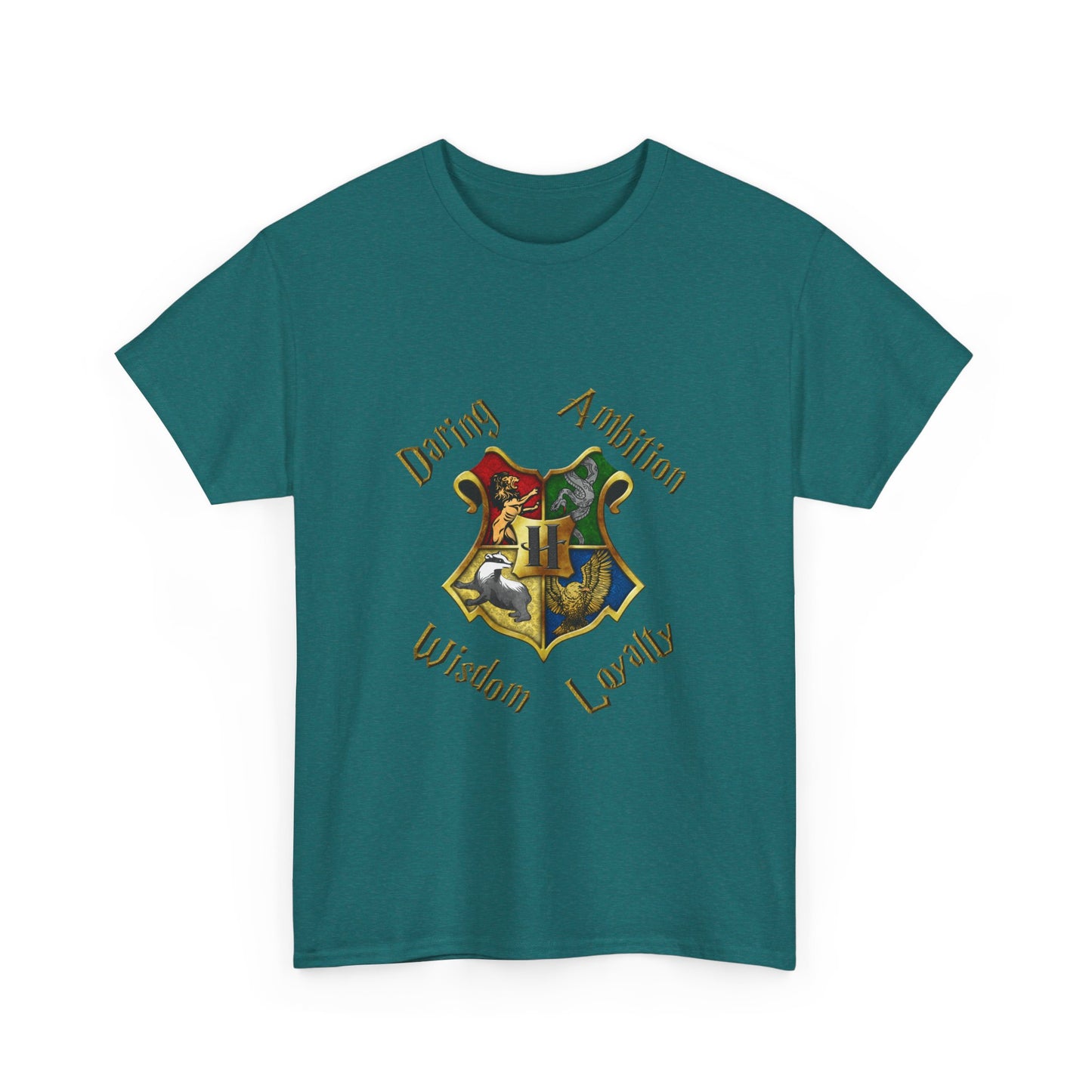 Gryffindor, Hufflepuff, Ravenclaw, and Slytherin House shield (Harry Potter) - Unisex Heavy Cotton Tee