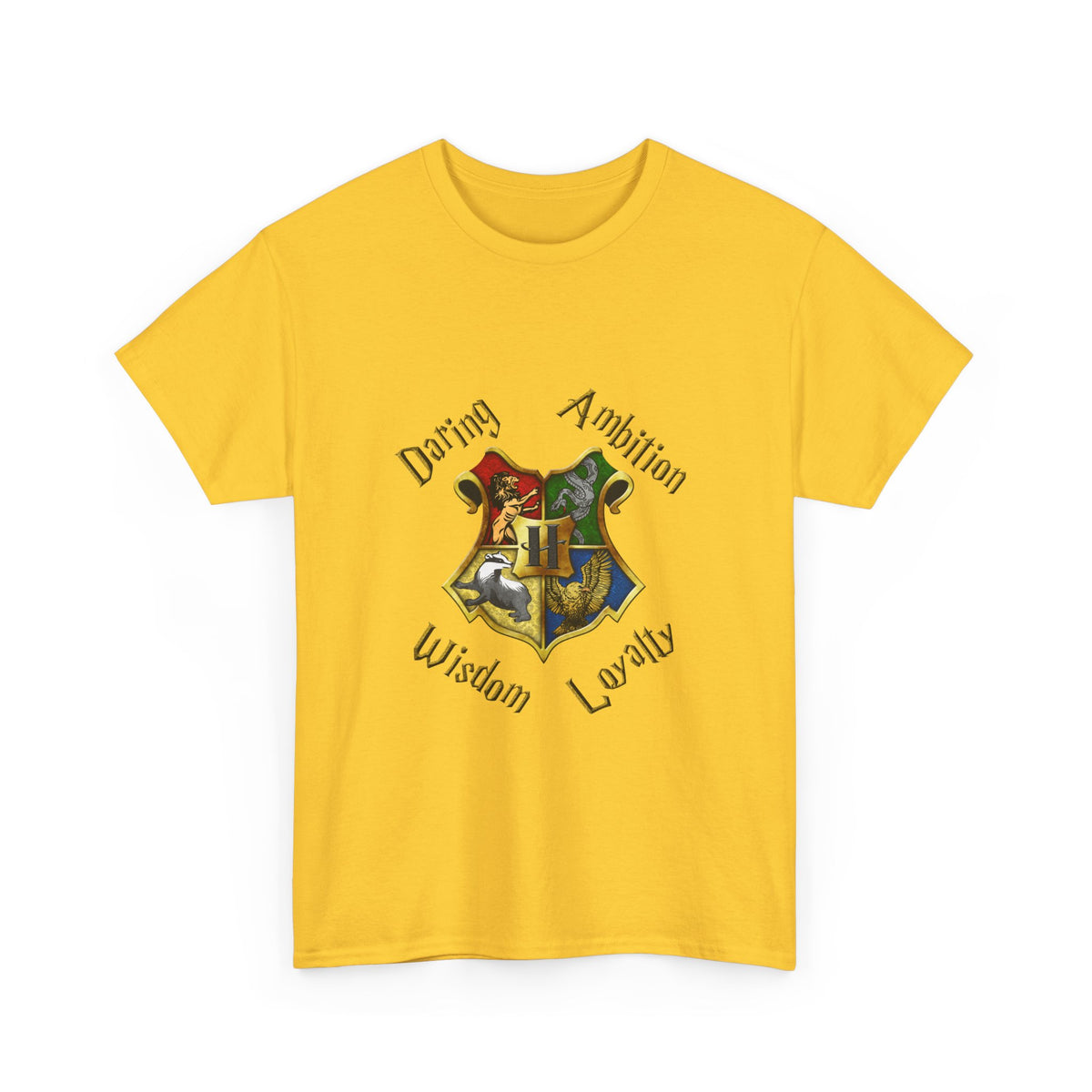 Gryffindor, Hufflepuff, Ravenclaw, and Slytherin House shield (Harry Potter) - Unisex Heavy Cotton Tee