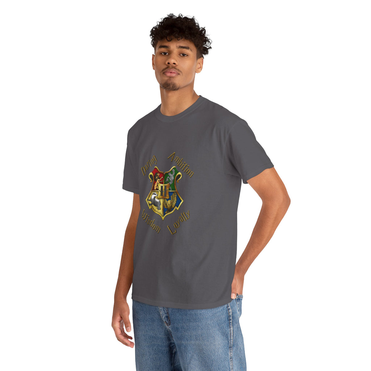 Gryffindor, Hufflepuff, Ravenclaw, and Slytherin House shield (Harry Potter) - Unisex Heavy Cotton Tee