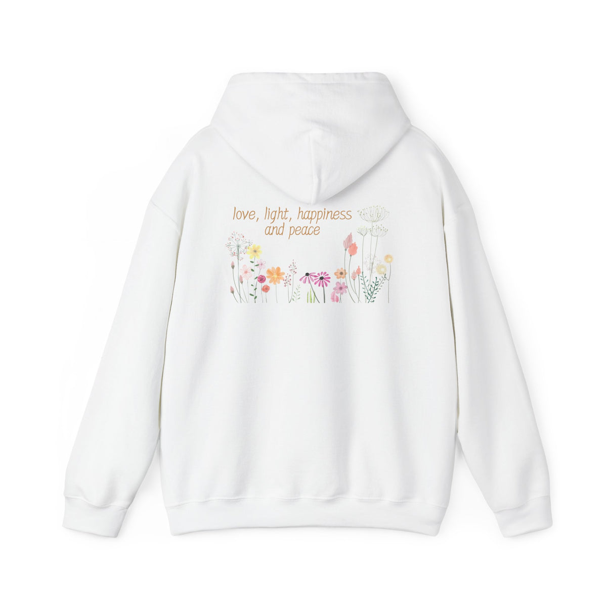 Love, Light, Happiness, Peace (printed on back) - Unisex Heavy Blend™ Hooded Sweatshirt