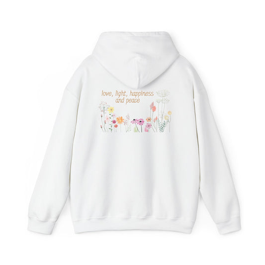 Love, Light, Happiness, Peace (printed on back) - Unisex Heavy Blend™ Hooded Sweatshirt
