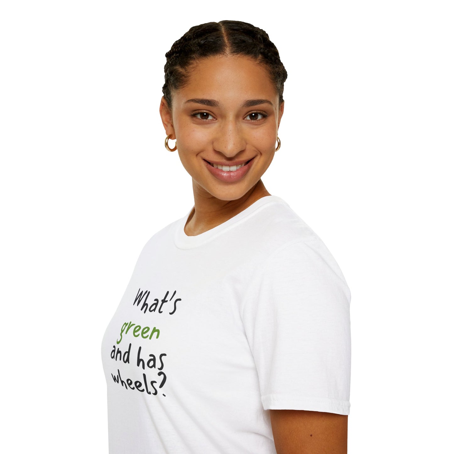What's green and has wheels? - Funny - Unisex Softstyle T-Shirt