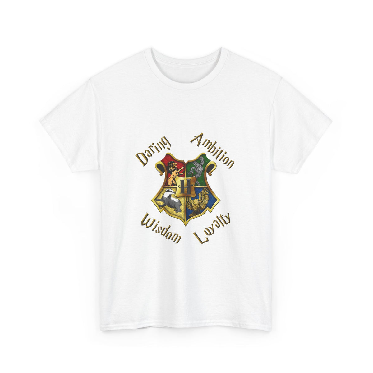 Gryffindor, Hufflepuff, Ravenclaw, and Slytherin House shield (Harry Potter) - Unisex Heavy Cotton Tee