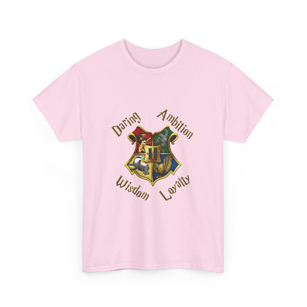 Gryffindor, Hufflepuff, Ravenclaw, and Slytherin House shield (Harry Potter) - Unisex Heavy Cotton Tee
