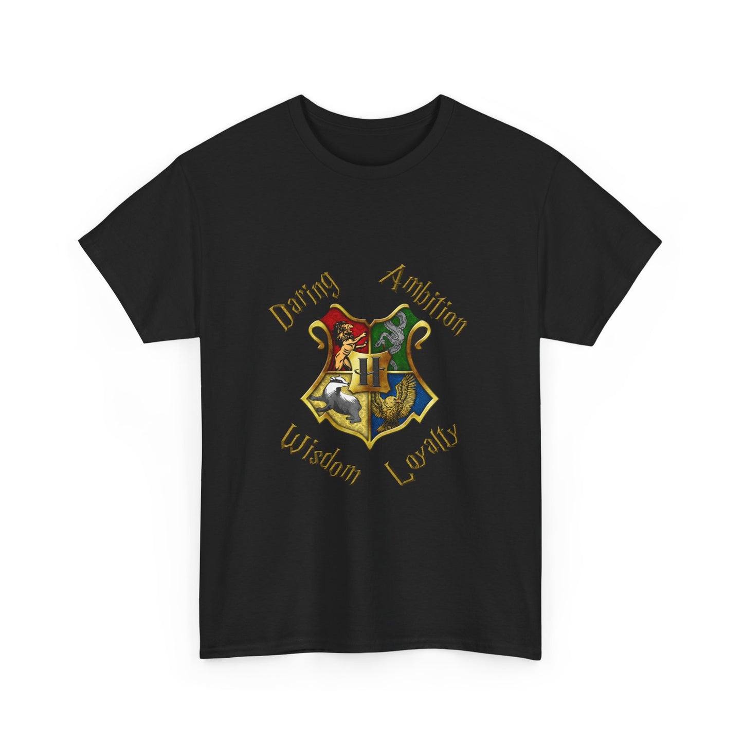 Gryffindor, Hufflepuff, Ravenclaw, and Slytherin House shield (Harry Potter) - Unisex Heavy Cotton Tee