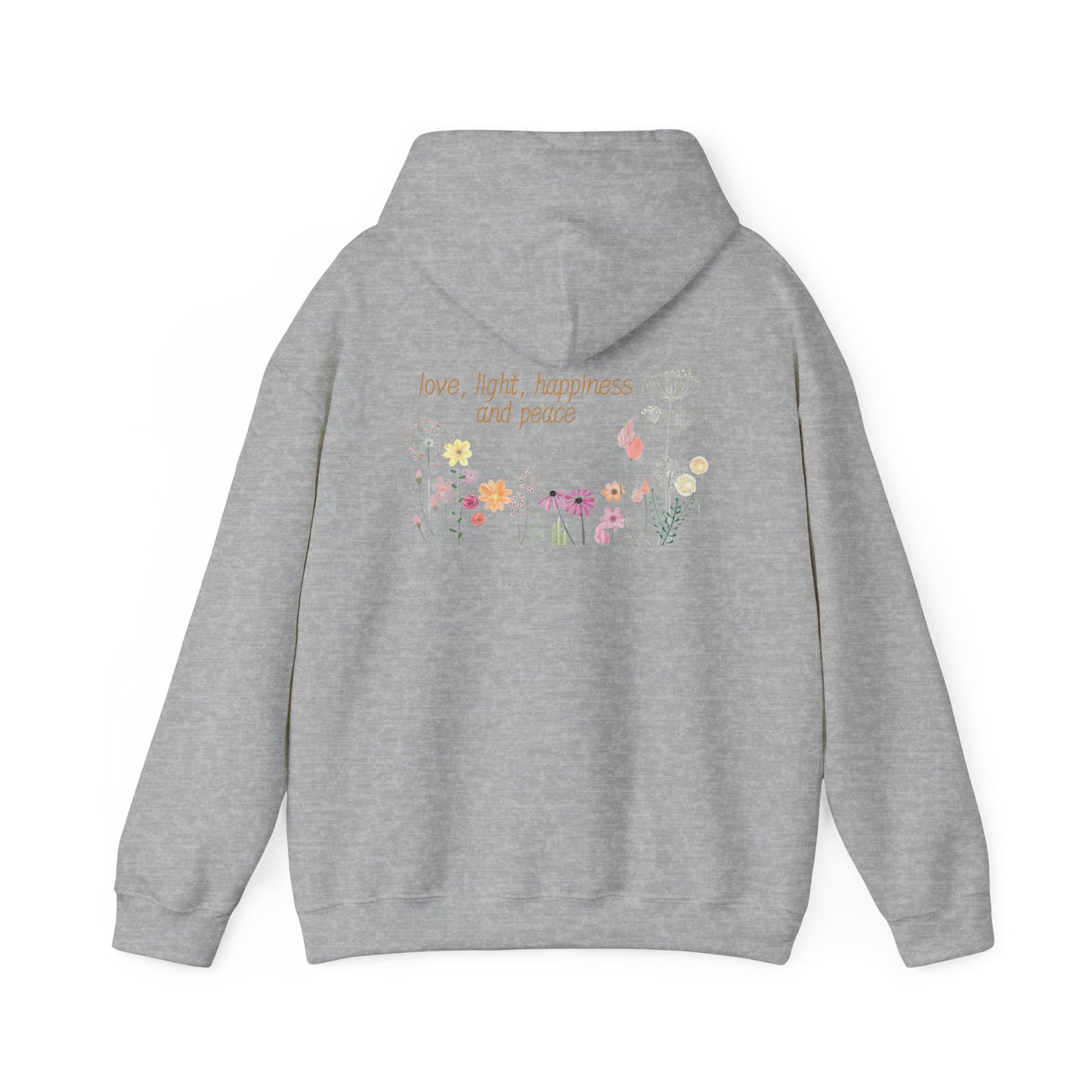 Love, Light, Happiness, Peace (printed on back) - Unisex Heavy Blend™ Hooded Sweatshirt