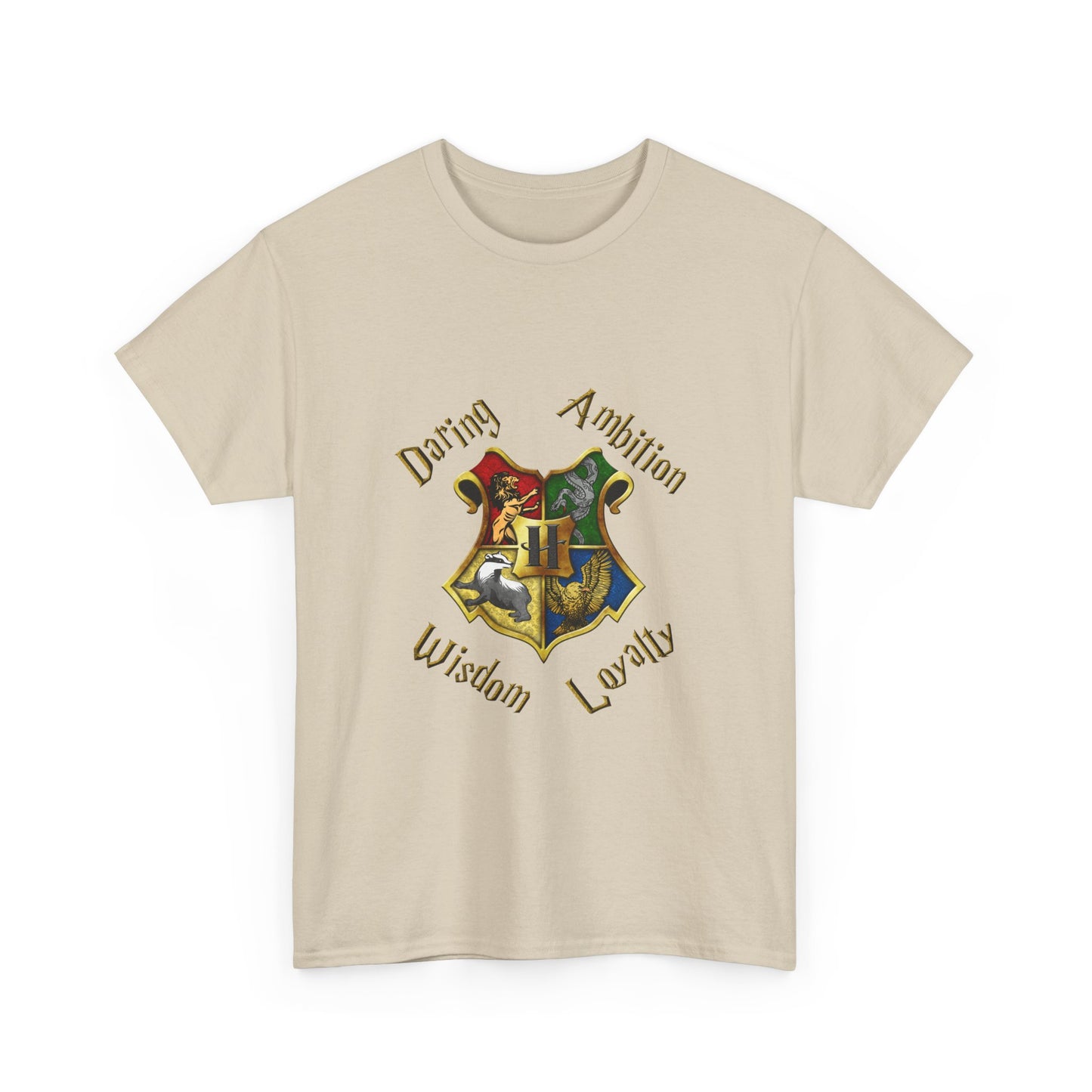 Gryffindor, Hufflepuff, Ravenclaw, and Slytherin House shield (Harry Potter) - Unisex Heavy Cotton Tee