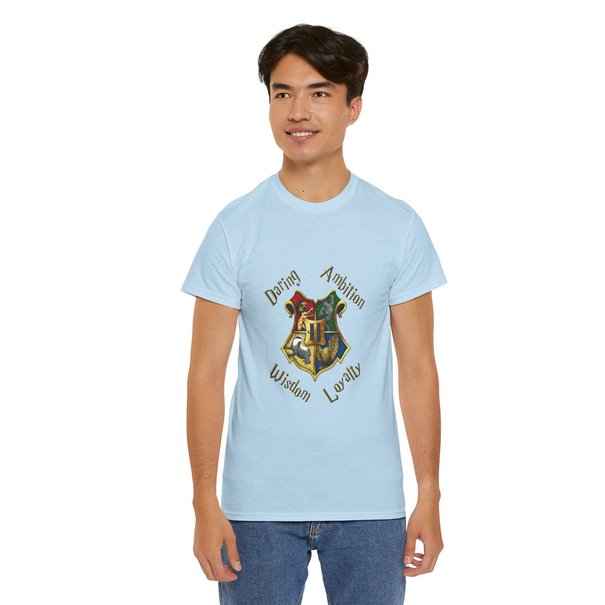 Gryffindor, Hufflepuff, Ravenclaw, and Slytherin House shield (Harry Potter) - Unisex Heavy Cotton Tee
