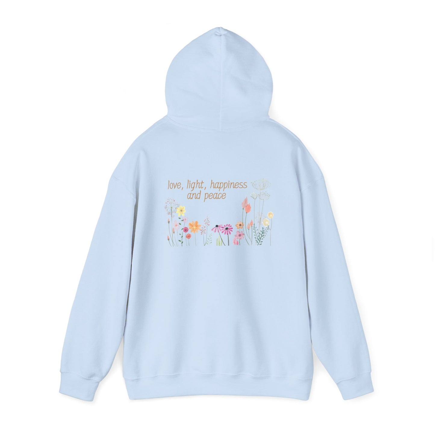 Love, Light, Happiness, Peace (printed on back) - Unisex Heavy Blend™ Hooded Sweatshirt