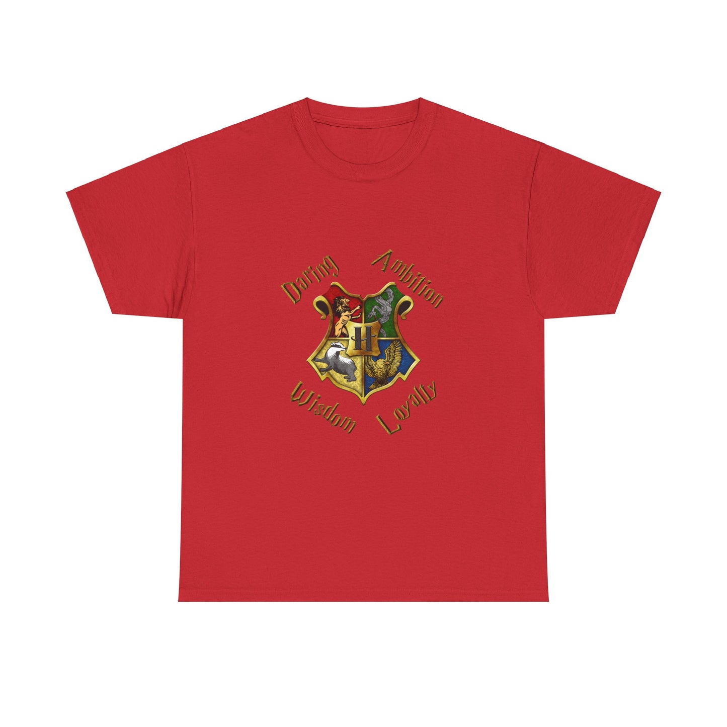 Gryffindor, Hufflepuff, Ravenclaw, and Slytherin House shield (Harry Potter) - Unisex Heavy Cotton Tee