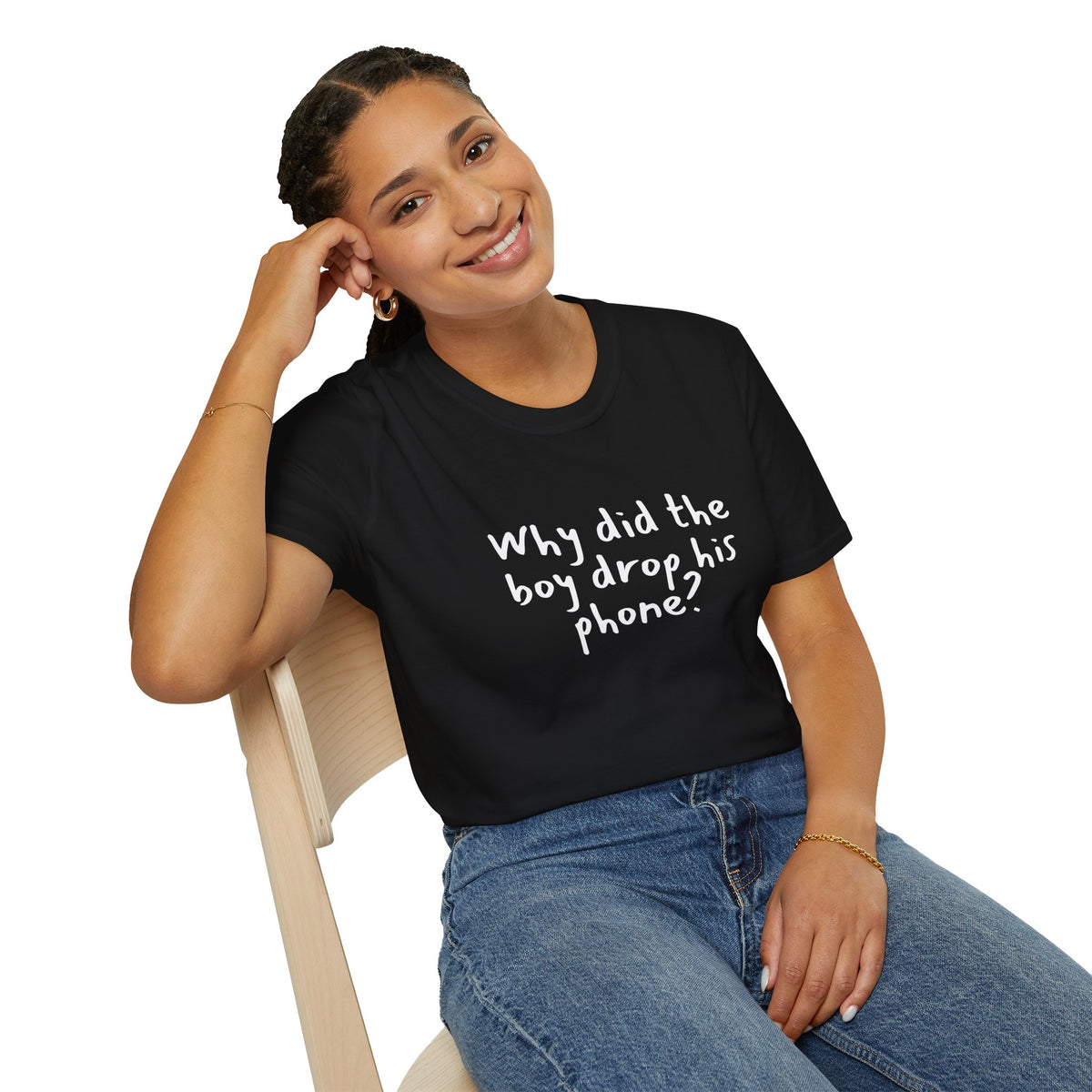 Why did the boy drop his phone? - Funny - Unisex Softstyle T-Shirt
