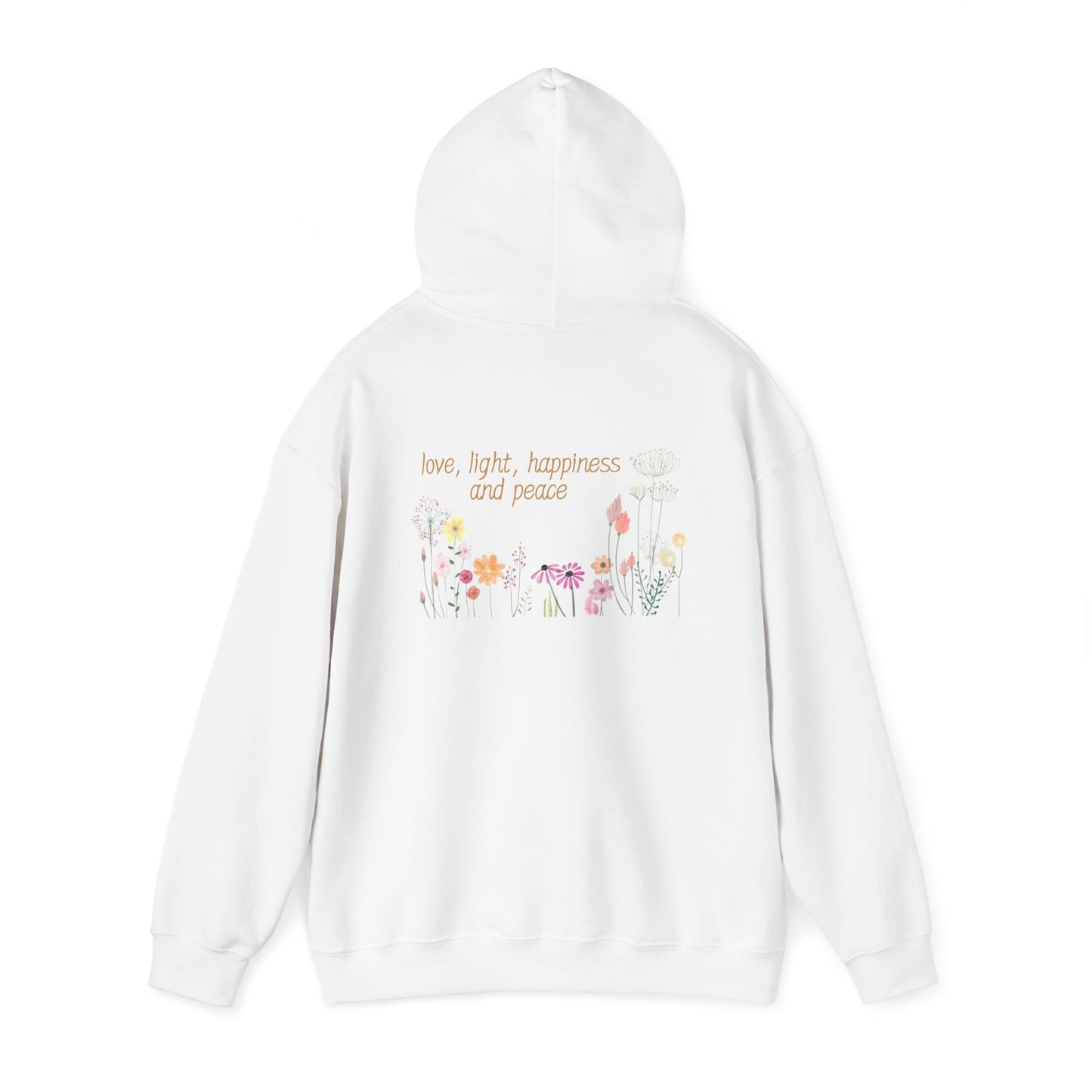 Love, Light, Happiness, Peace (printed on back) - Unisex Heavy Blend™ Hooded Sweatshirt
