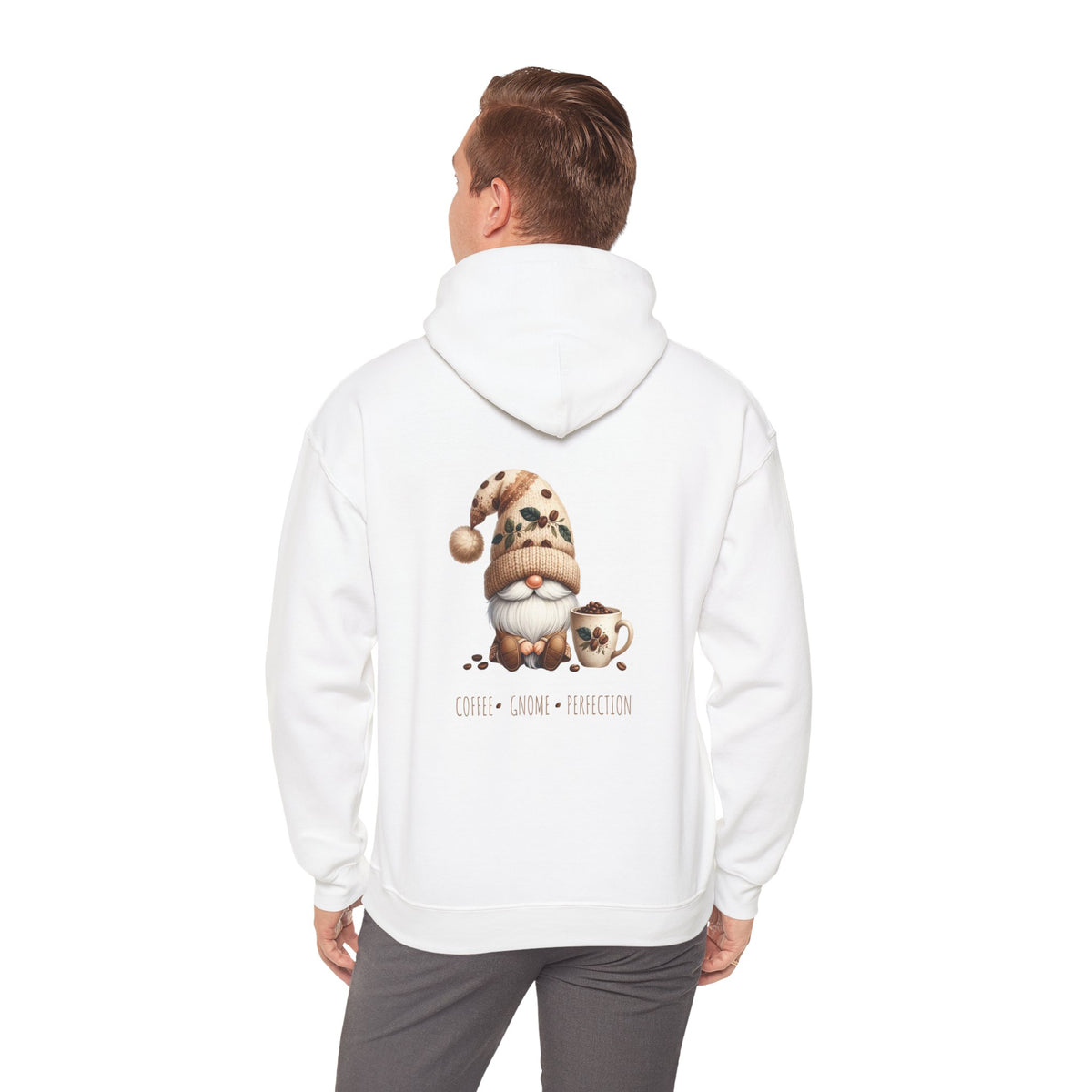 Coffee. Gnome. Perfection (printed on back) - Gnomes - Unisex Heavy Blend™ Hooded Sweatshirt