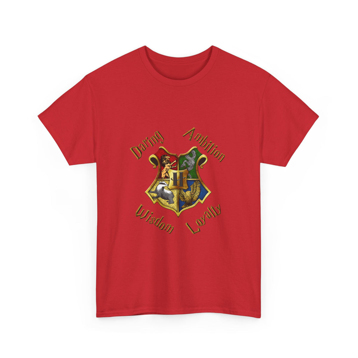 Gryffindor, Hufflepuff, Ravenclaw, and Slytherin House shield (Harry Potter) - Unisex Heavy Cotton Tee