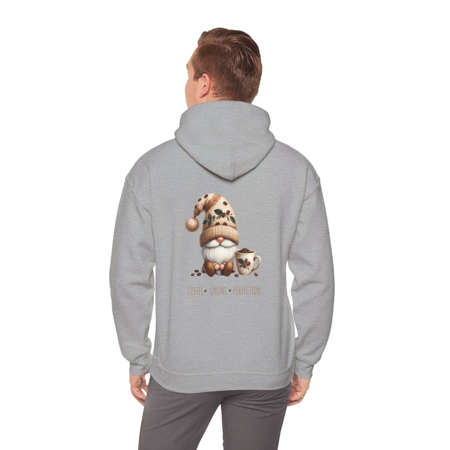 Coffee. Gnome. Perfection (printed on back) - Gnomes - Unisex Heavy Blend™ Hooded Sweatshirt