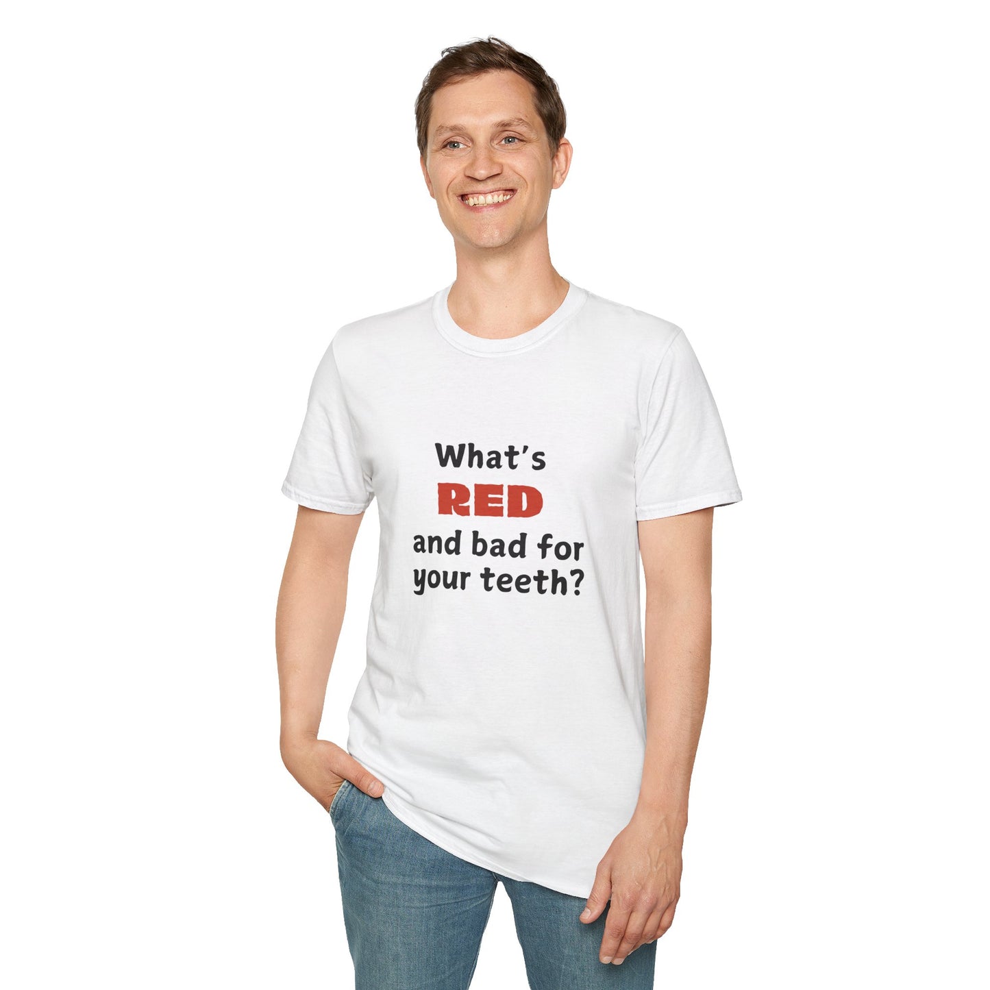 What's red and bad for your teeth? - Funny - Unisex Softstyle T-Shirt