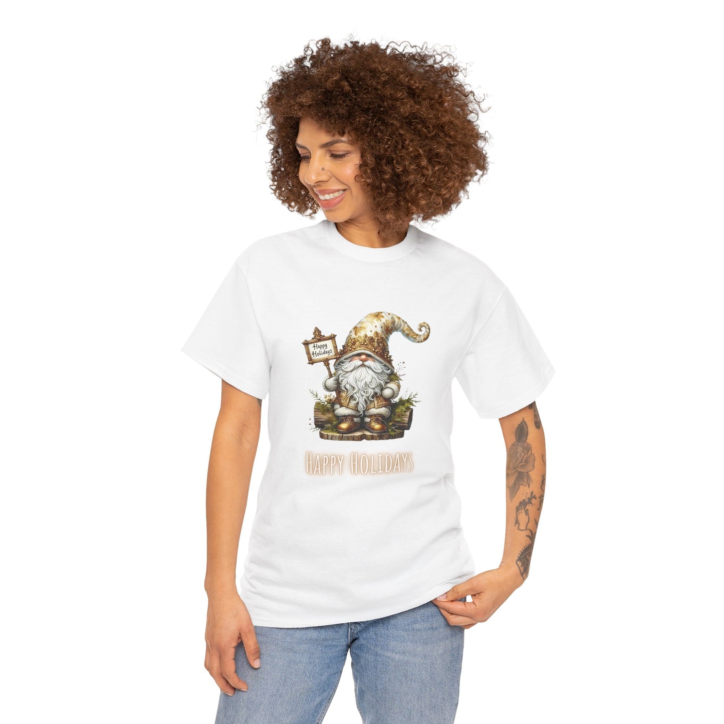 Happy Holidays Gold Gnome - Unisex Heavy Cotton Tee