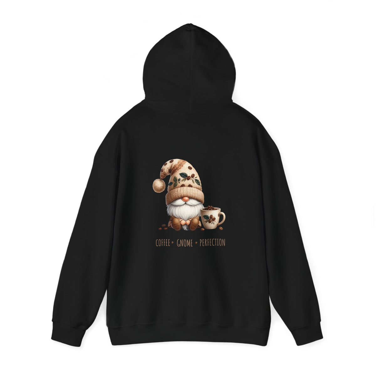 Coffee. Gnome. Perfection (printed on back) - Gnomes - Unisex Heavy Blend™ Hooded Sweatshirt